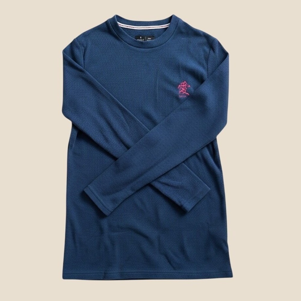 Public Record Mens Blue Waffle Knit Thermal Long Sleeve Shirt Love Kanji Small
